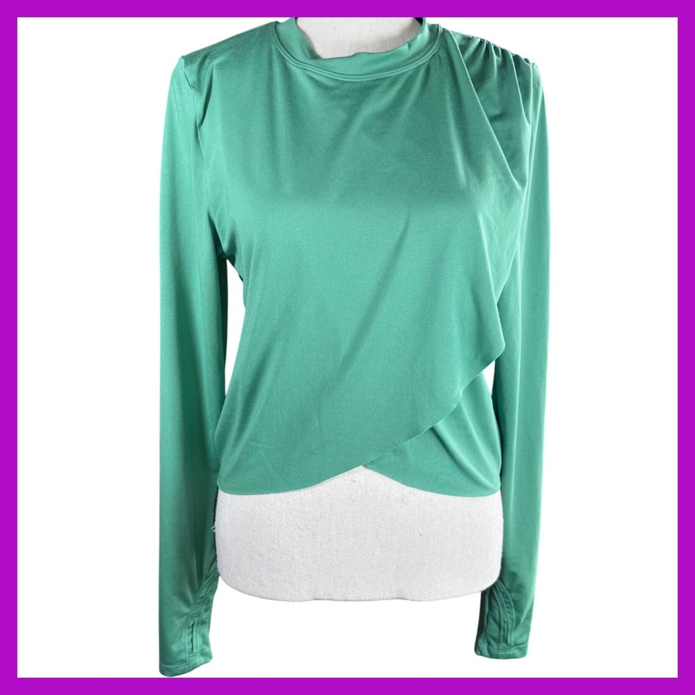 Wilo‎ Long Sleeve Top Athletic Mock Neck Crossover Hem Green Size Large